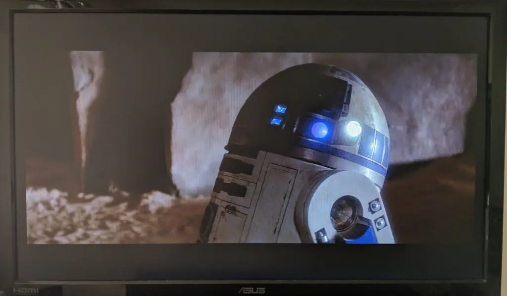 A screenshot of the movie. Notice the awkward side letterboxing and jagged pixels. Source: Flixed.io