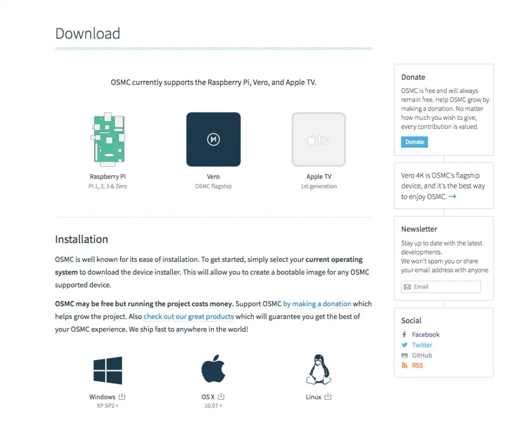 The OSMC downloads page. Source: Flixed.io.
