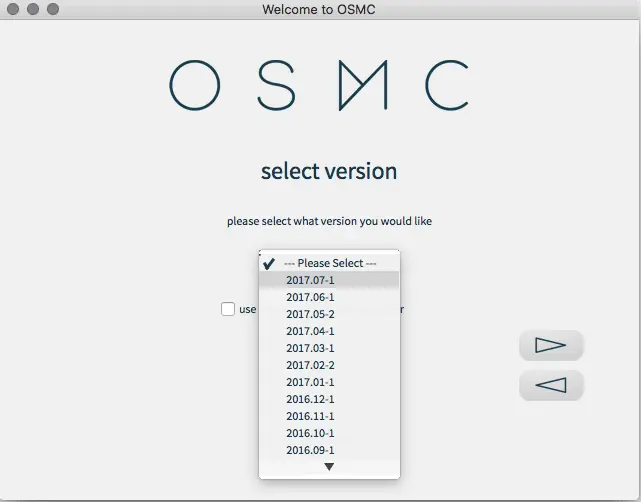 The version list of OSMC, with dozens of compatible versions available. Select the top option. Source: Flixed.io