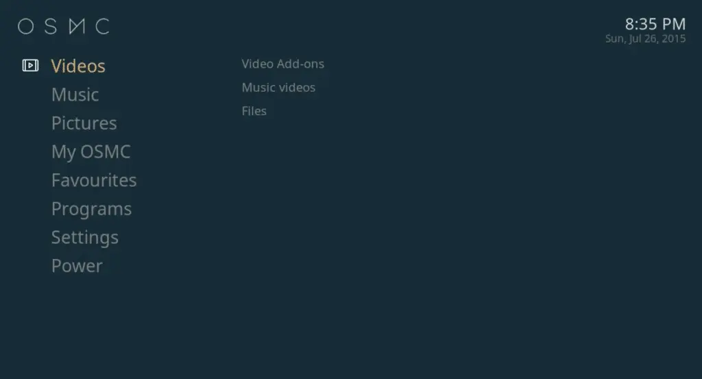 The main menu of OSMC. Source: YouTube