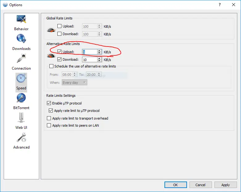 qBittorrent blocks you from turning your upload limit down to anything less than 1 KiB